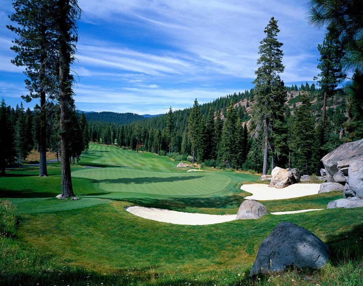 Hole 12 at Coyote Moon Golf Course framed by pine trees Hole 12 at Coyote Moon Golf Course framed by pine trees