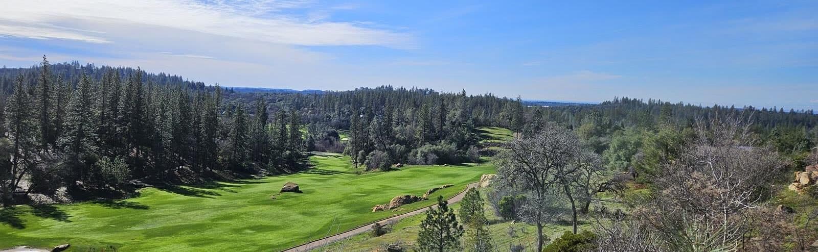 Winchester Country Club Meadow Vista CA — aerial view of fairway with foothills terrain Winchester Country Club Meadow Vista CA — aerial view of fairway with foothills terrain