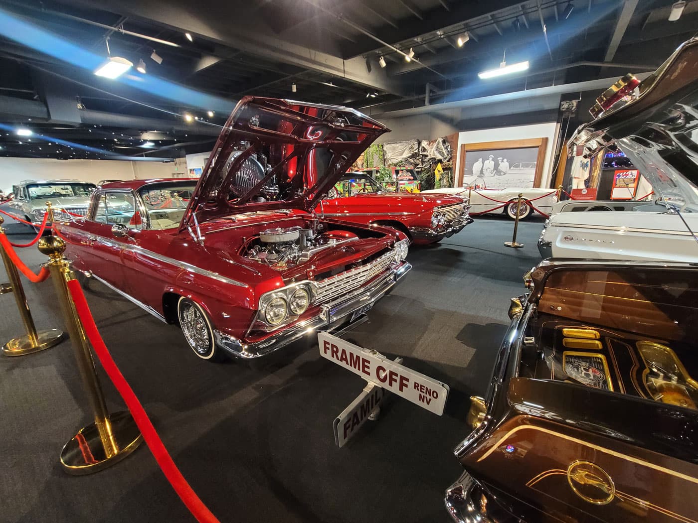 Classic lowrider cars on display in National Automobile Museum gallery, Reno NV