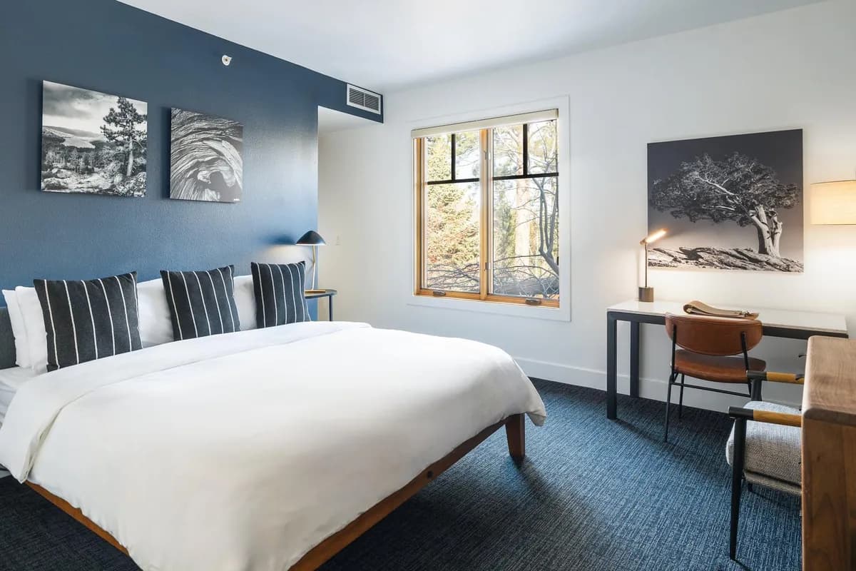 DLX Powderhound room — larger guest room with sitting area and desk workspace, natural light