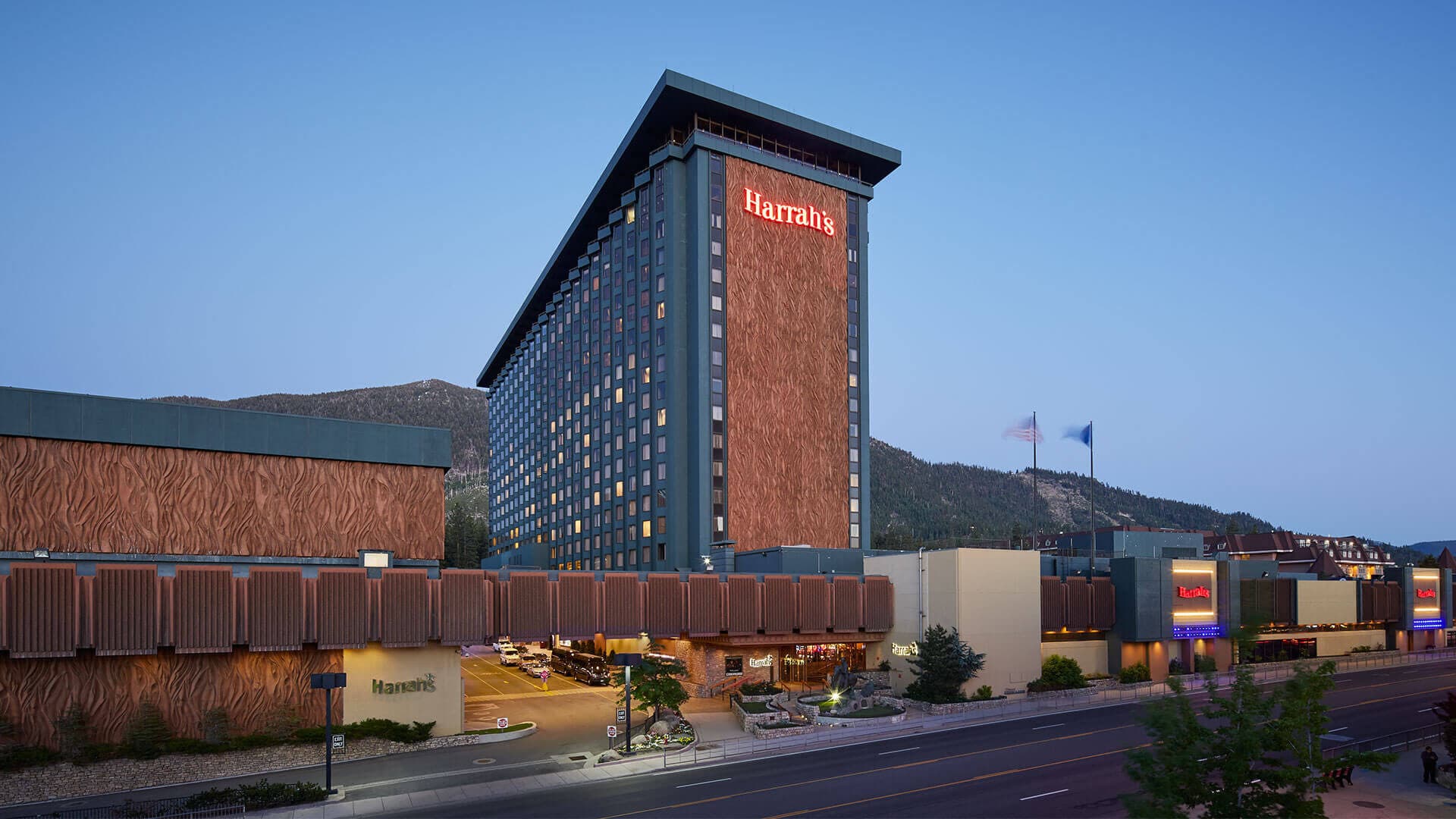 Harrah's Lake Tahoe street-level exterior with casino tower