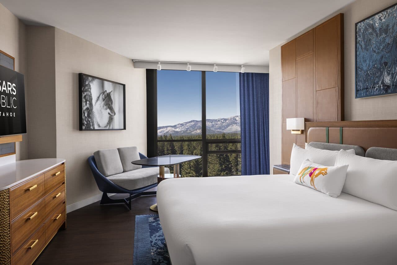 Caesars Republic Lake Tahoe suite king bedroom in the renovated Tahoe Tower