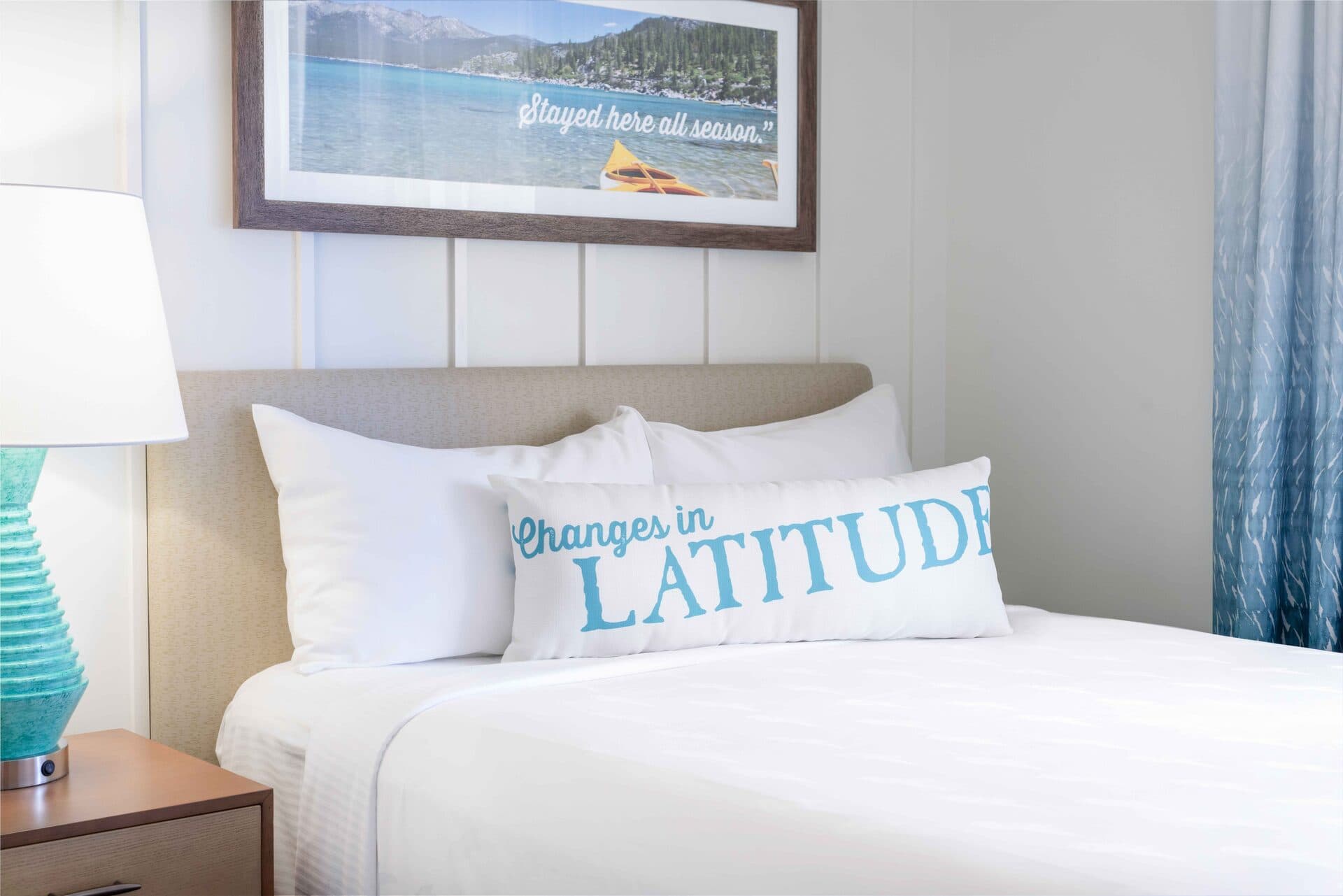 Margaritaville Resort Lake Tahoe suite with king bed and signature "Changes in Attitude" island-inspired pillow