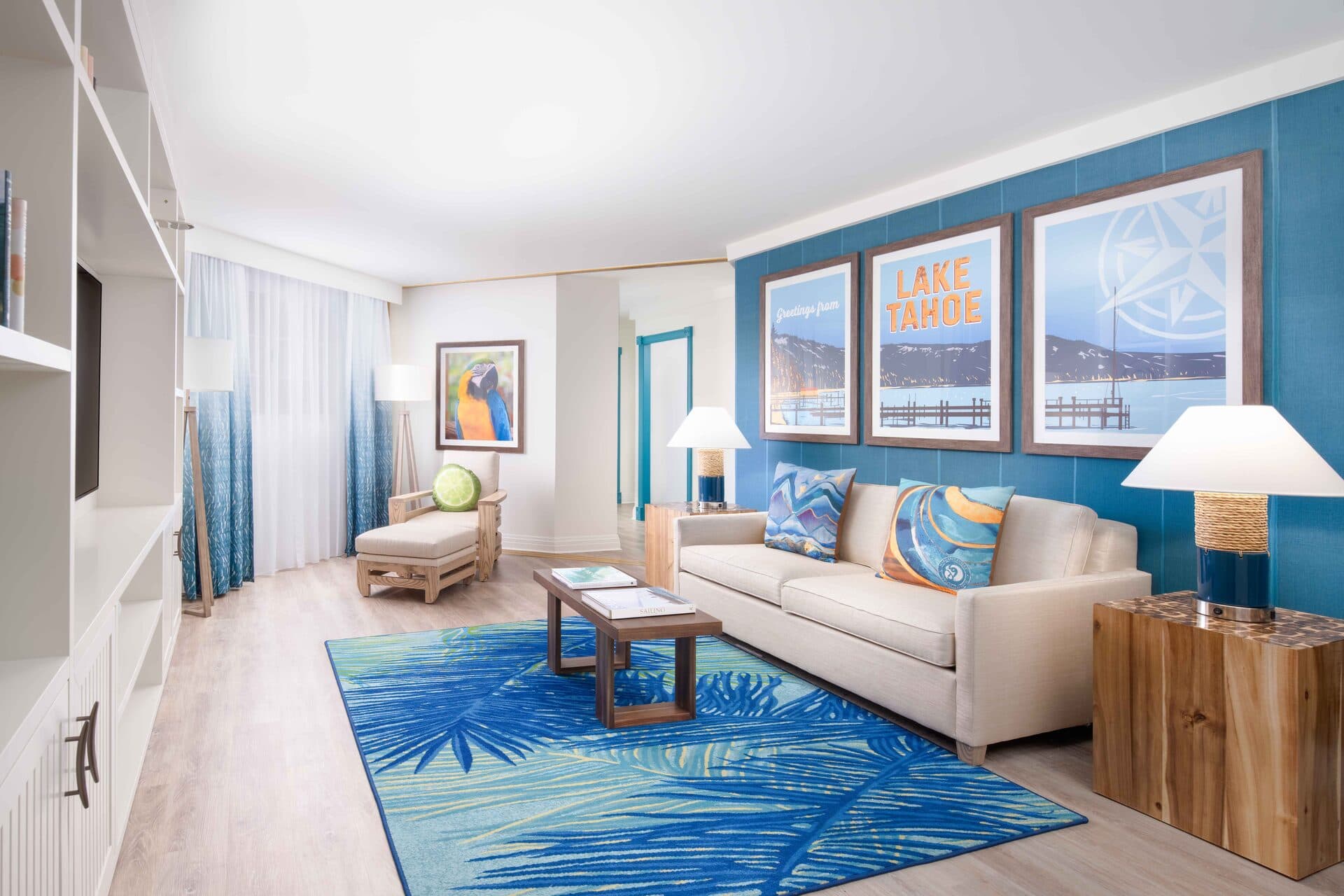 Two Queen Beds Suite at Margaritaville Resort Lake Tahoe with wood floors and coastal color palette