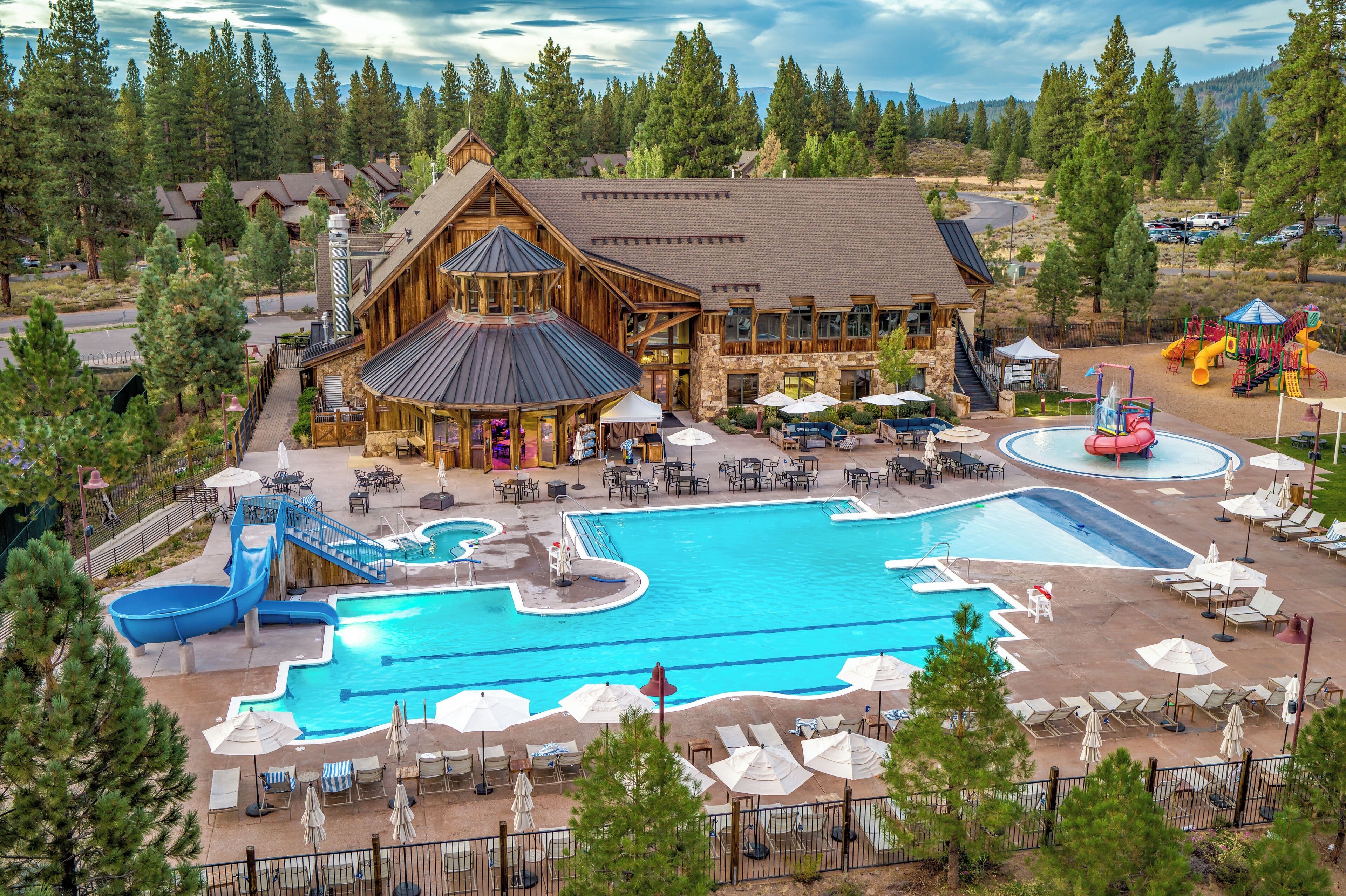 The Pavilion outdoor pool complex with waterslide at Old Greenwood resort, Truckee