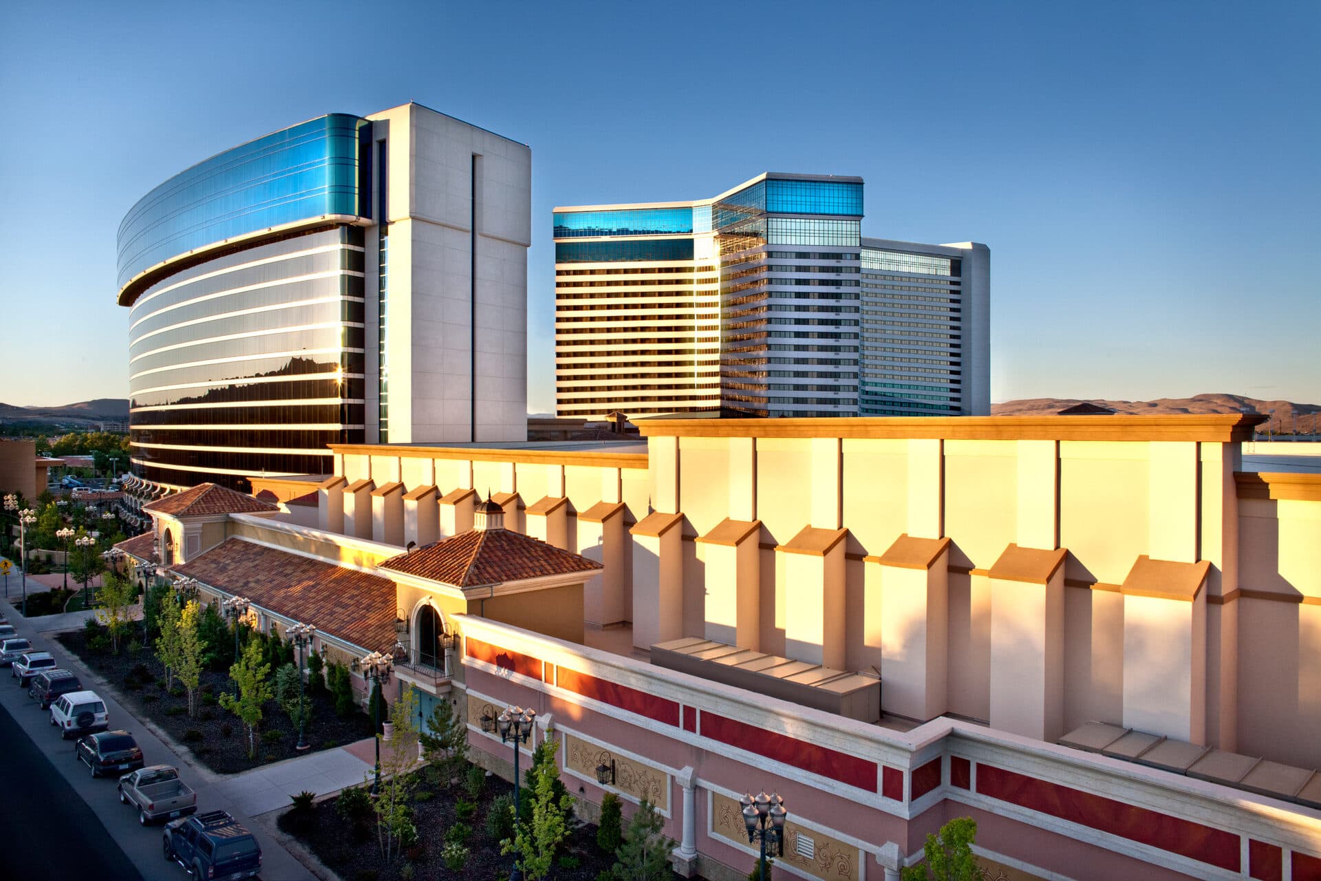 Peppermill Resort Spa Casino exterior at sunset, South Virginia Street Reno Nevada Peppermill Resort Spa Casino exterior at sunset, South Virginia Street Reno Nevada