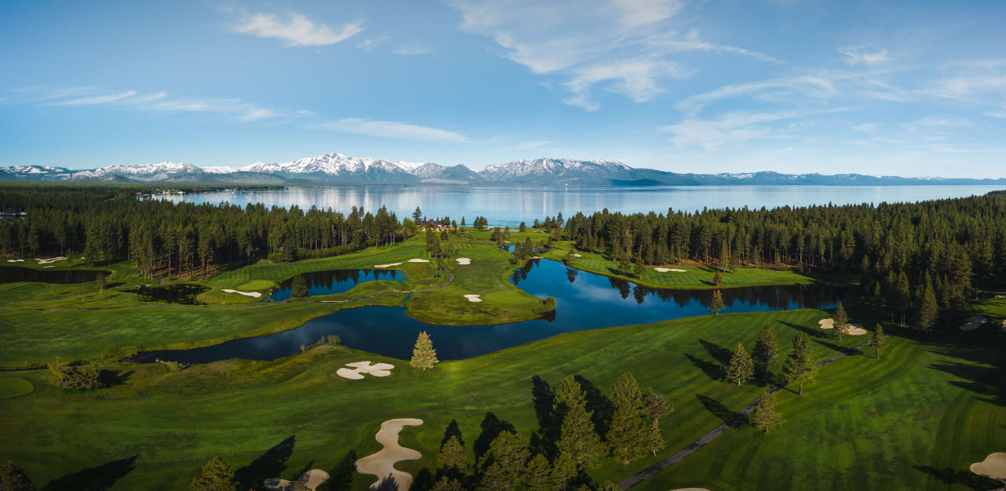 Edgewood Tahoe Golf Course panorama with Sierra Nevada snow-capped peaks Edgewood Tahoe Golf Course panorama with Sierra Nevada snow-capped peaks