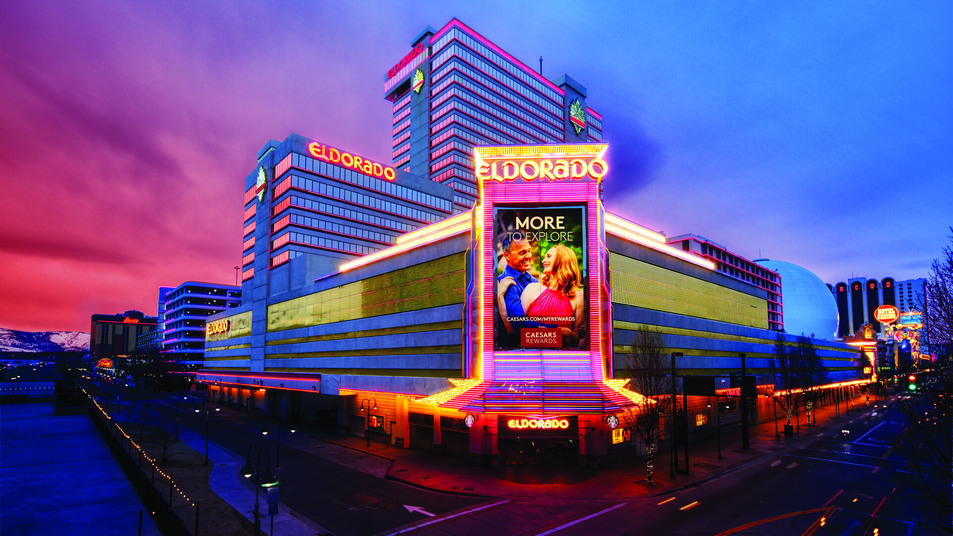 Eldorado Resort Casino Reno neon-lit exterior at dusk